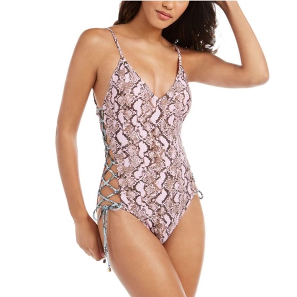 NWT Rachel by Rachel Roy Pink Python Printed Side Laced One-Piece Swimsuit XL - Picture 12 of 12